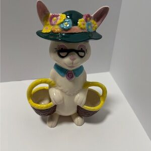 Ceramic Bunny Figurine with Hat and Baskets